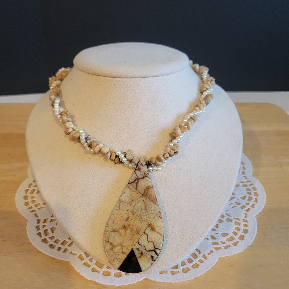 Boho Picture Jasper Teardrop Pendant Necklace Freshwater Pearls Natural Stone